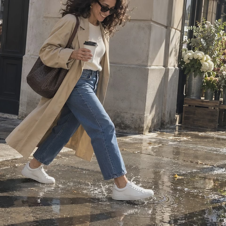 A woman in white TREAD Court sneakers stepping through a puddle