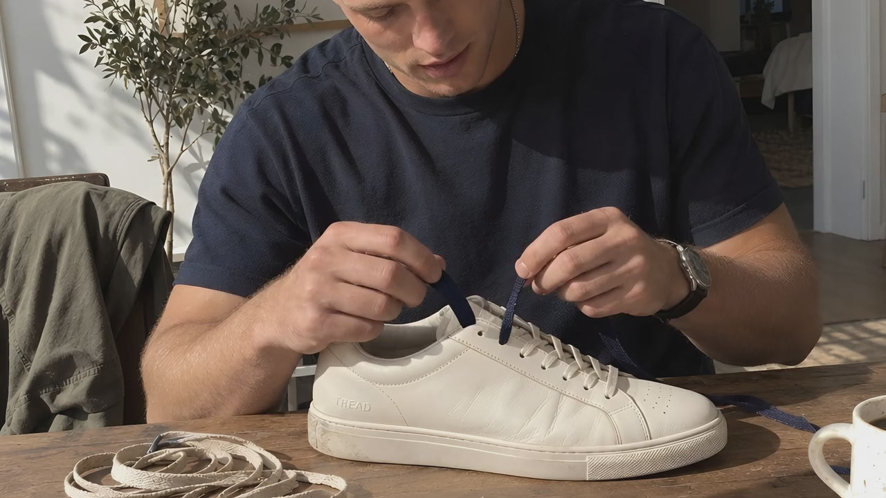 Hands threading a fresh lace through a bone TREAD Court sneaker