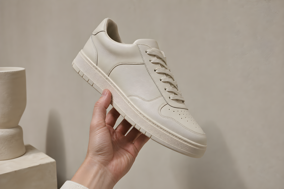 TREAD a hand holding one sneaker up against a putty wall, examining it like an object