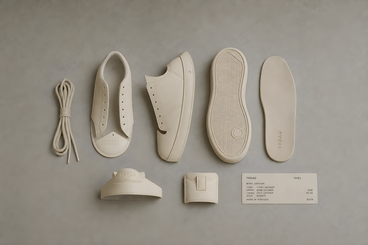 TREAD one shoe deconstructed flat: laces out, insole beside, spec card