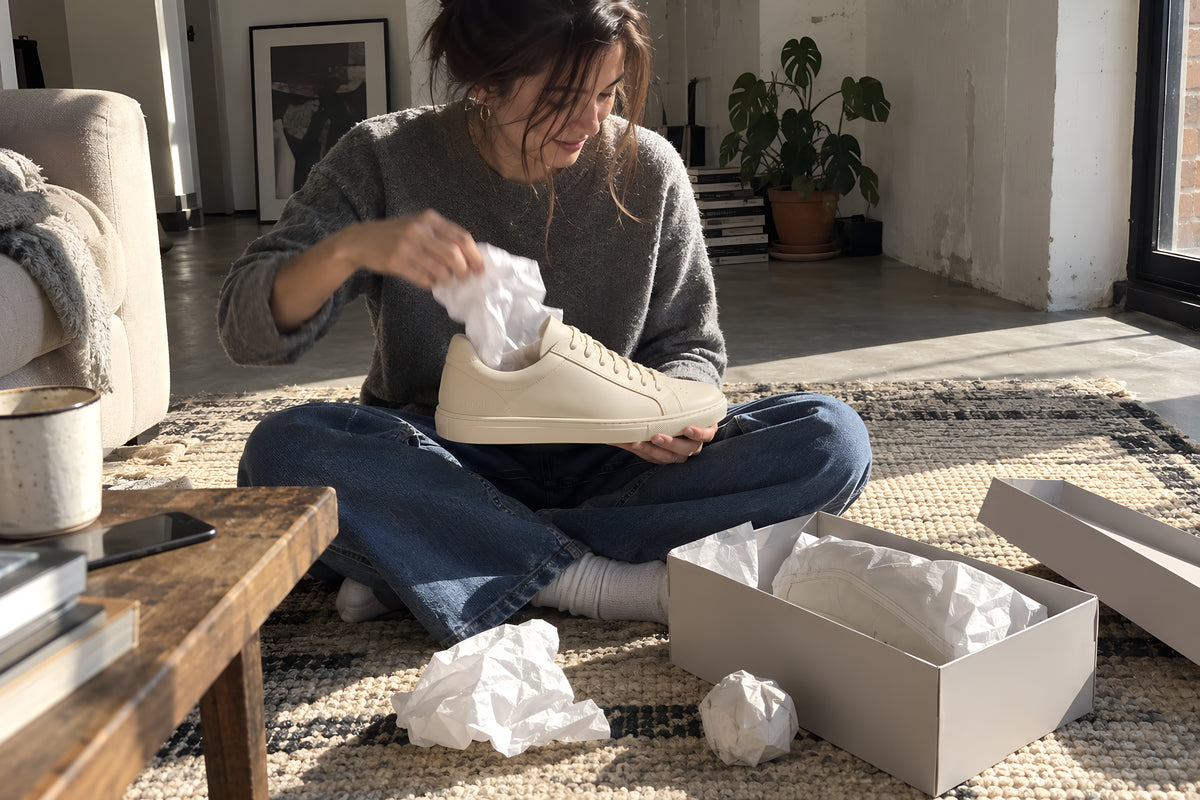 A woman sitting cross-legged on a rug pulling the crumpled tissue paper out of the inside of a brand-new bone TREAD Court sneaker, the lid off the box beside her, the other shoe still wrapped, tissue and the little packing ball on the floor around her. Daytime, hard sun, no candles lit.