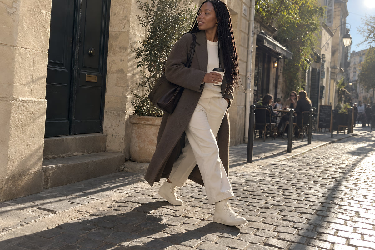 A woman walking a cobbled lane in bone TREAD Court High sneakers, ankles steady on the stones, long coat, low sun down the street. Daytime, low hard sun, no candles lit.